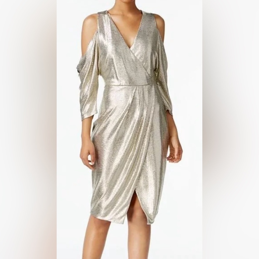 NWT Rachel Roy Cold Shoulder Metallic Faux Wrap Dress CL1